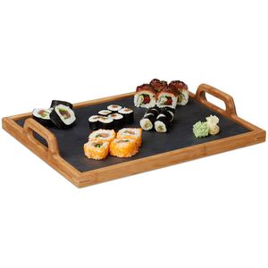Relaxdays Serviertablett 10020957 eckig, 40,5x32cm, aus Bambus mit Schieferplatte und Griffen, braun