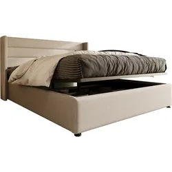 OKWISH Stauraumbett Polsterbett 180×200 mit hydraulischem Lattenrost, großem Stauraum, gepolsterter Kopfteil, stabile Konstruktion, Leinen, Beige