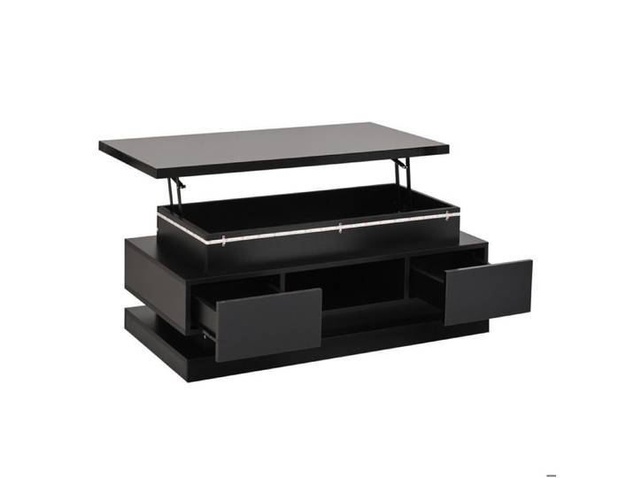 Table basse relevable noire – 2 tiroirs rangement caché LED port USB 5V/2A