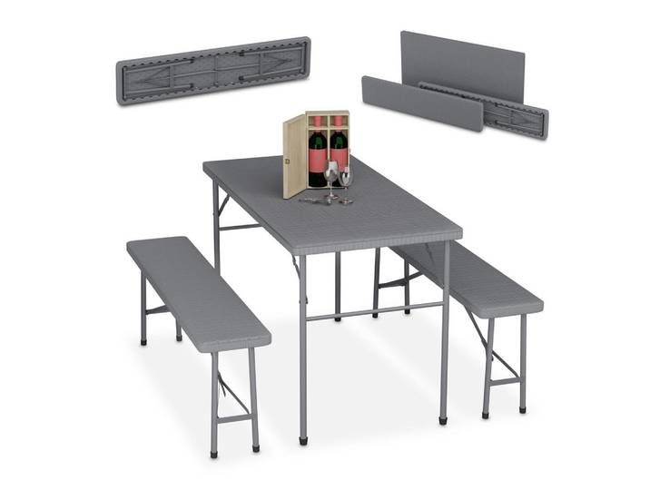 Relaxdays Bierzeltgarnitur Grau 3-tlg. klappbar Rattanoptik, Kunststoff, Metall, rechteckig, Gartenmöbel, Gartengarnituren, Gartenmöbel-Set