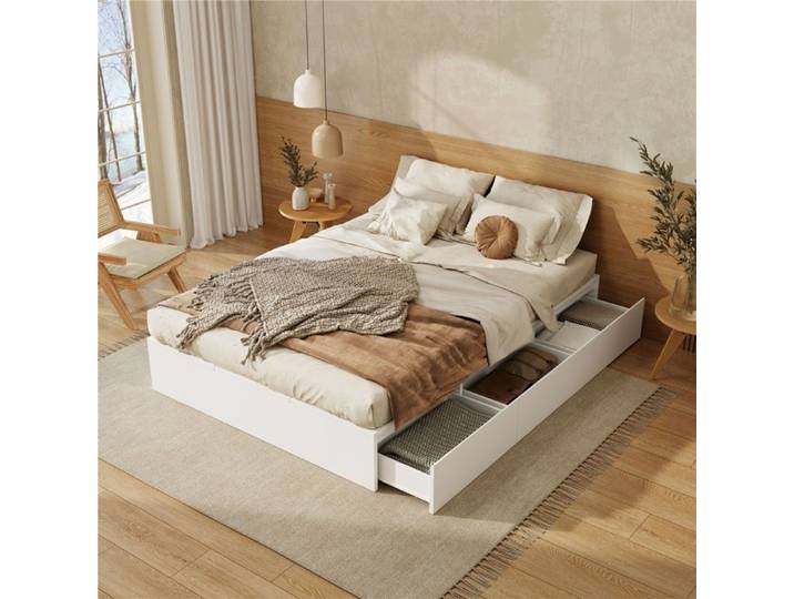 Lit Double Rembourré 140x200 cm avec rangement lit palette en bois massif avec coffre de rangement Lit Adulte avec tiroirs blanc