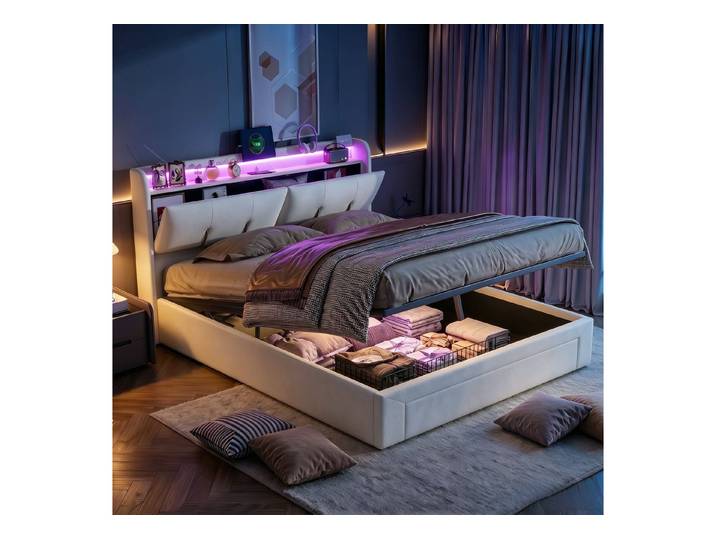 PXloue Polsterbett LED Doppelbett, Bettkasten, Ladefunktion, Samt, 140x200 cm