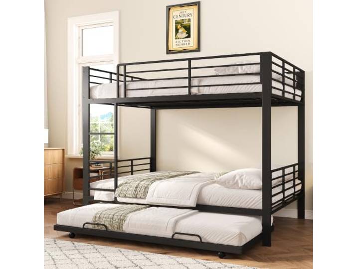 VILUXE Etagenbett 140x200 mit Ausziehbett Metall Schwarz Metall-Etagenbett 140x200 mit hohem Schutzgitter, geräuscharmen Verbindungen, Schlafzimmer, Erwachsene und WGs