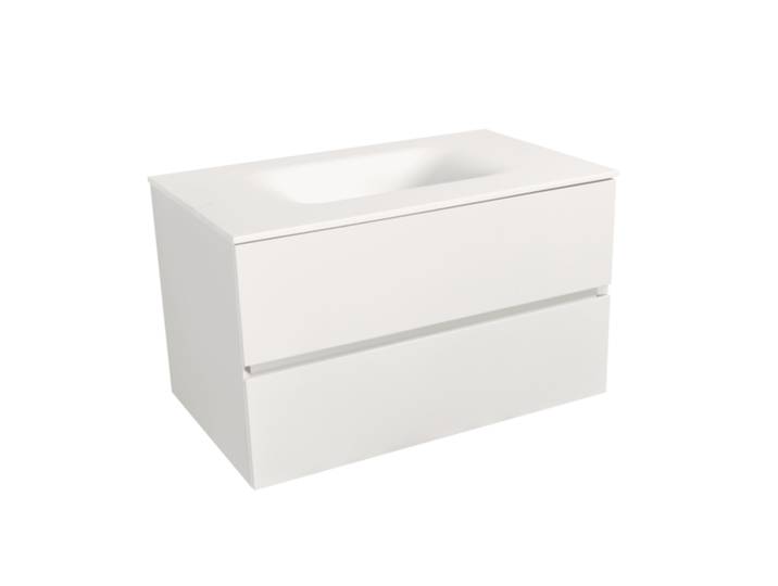 Verona Set Meuble 66cm suspendu blanc mat avec 2 tiroirs fermeture lente + Vasque marbre coulé blanc mat (Verona66BB)