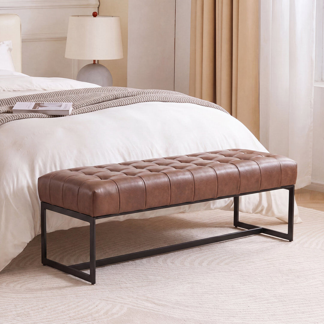 Blue Elephant 130cm Wide Genuine Leather Bench Tufted Iron Frame Brown 44cm H X 130cm W X 45cm D