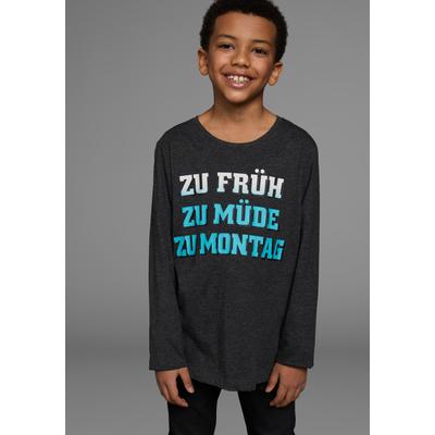 Langarmshirt KIDSWORLD "ZU FRÜH, ZU MÜDE, ZU MONTAG", Jungen, Gr. 176/182, grau (anthrazit, meliert), Jersey, Obermaterial: 60% Baumwolle, 40% Polyester, bedruckt, Basic, Rundhals, Shirts Langarmshirt, Langarm, Basic-Passform, mit stylischem Druck,...