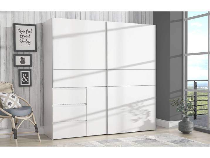 Schwebetürenschrank FORTE Winn, Schiebetürenschrank mit 3 Schubladen, Made in Europe , weiss (weiß), B:200cm H:200,5cm T:61cm, FSC-zertifizierter Holzwerkstoff, Schränke, Schwebetürenschrank, verschiedene Grössen und Farben, sehr viel Stauraum