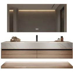 【YT3256-130K】Waschbecken Holzmaserung Unterschrank aus Keramik Weiß Arbeitsplatte Set Spiegel 130*55cm