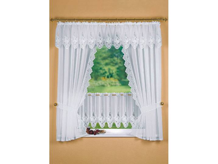 Fensterdekoration mit aufwendiger Plauener Stickerei, Weiss, Größe 783 (Kurzstore, H44xB300 cm)