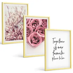 BILDER SET 3er Set - 40x60 cm Goldrahmen - Blumensträuße aus Rosen mit einer Inschrift