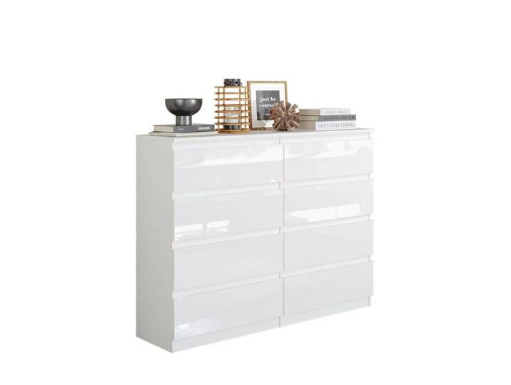 Commode GABRIEL – 8 tiroirs – Buffet de chevet 92 x 120 x 33 cm (Blanc Matt / Blanc Brillant)