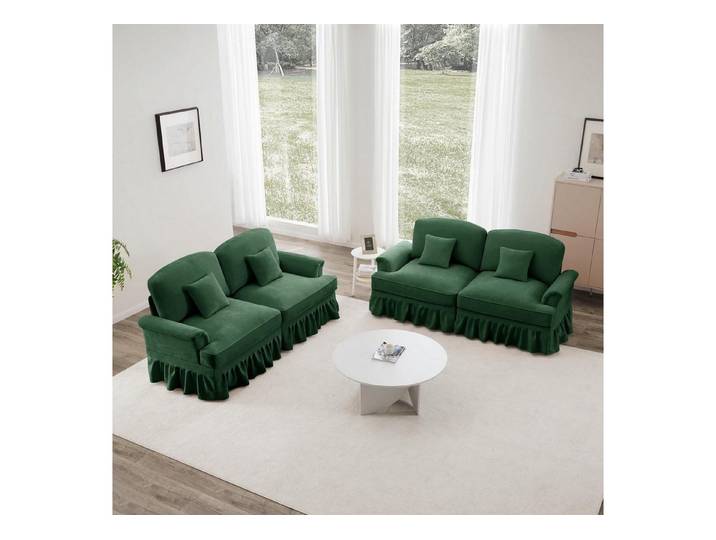 LuxusKollektion Ecksofa Sofa L 2Sitzer Chenille Holzbeine Rüschenschürze Grün 2-Seat & 2-Seat