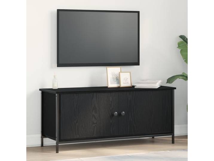 HEFZGDB Schwarzer Eichen TV-Ständer mit Stauraum, 2 Türen und Regal aus Metall und Spanplatte für modernes Wohnzimmer, Unterhaltungszentrum Aufbewahrung