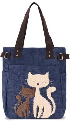 ModernMart Cute Cat Canvas Tote Bag For Women Plush Kitten Shoulder Bag For School, Shopping & Daily Use deep Blue