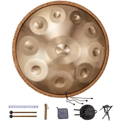 VEVOR Handpan, 55 cm, 10 Noten, D-Moll-Handtrommel, Drum-Instrument mit Schlägeln, 432-Hz-Handpan-Ständer & Tragetasche, Heilende Klangtrommel aus Stahl, Schlaginstrumente für Erwachsene & Anfänger