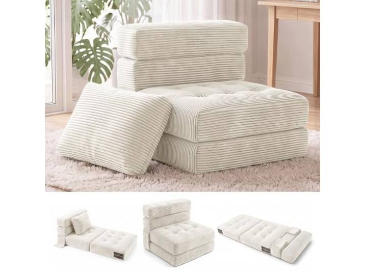 Fabulcozy Wandelbares Sofa 4 in 1, klappbarer Sessel mit Seitentasche, Komfortschaum, Cordbezug, Kissen und Kopfstütze, für Wohnzimmer oder kleine Räume,Weiß