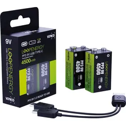 VERICO 2X 9V - Li-Ion-Akku, 9V Block, 7,4 V, 500 mAh, USB-C, 2er-Pack