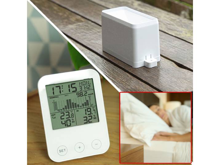 Wetterstation, mit kabellosem Aussensensor und Wecker, inkl. Niederschlagsmenge