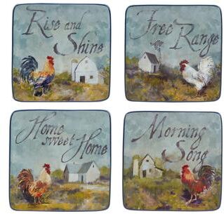 "Certified International Rooster Meadow 6"" Canape/Luncheon Plates, Set of 4 - 6"" x 6"" x 0.75"""