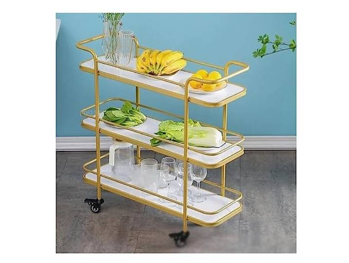 DFHetFH Rollwagen 3-stufiger Küchen-Aufbewahrungswagen Aus Eisen Mit Rädern, Lagerregal, Rollwagen Für Zuhause Küchenwagen(Gold+White)