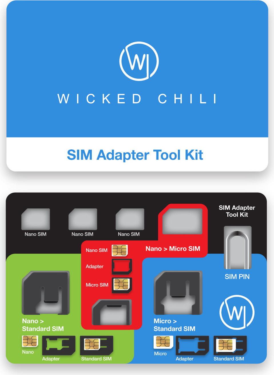 Wicked Chili 8-in-1 SIM-adapterset met SIM-kaarthouder en uitwerpnaald