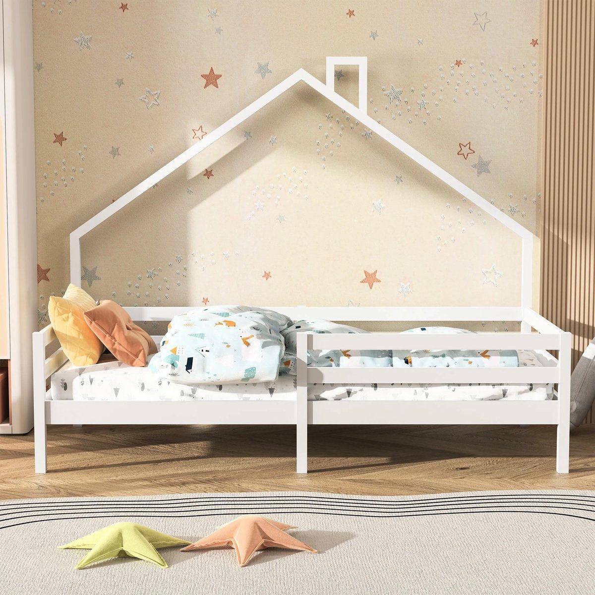 Kinderhausbett - Massivholz - Lattenrost - Hausbett mit Dach - Weiß - 90x200 cm