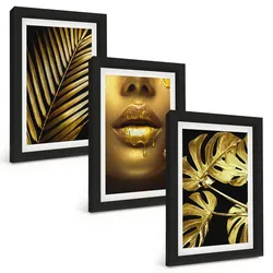 BILDER SET 3er Set - 20x30 cm Schwarzer Rahmen - Mund einer Frau mit Monstera-Palme