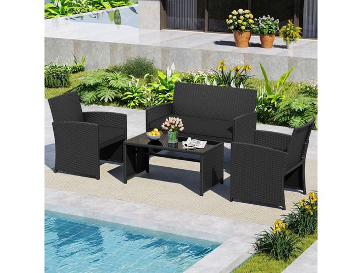 COSTWAY Ensemble de Table et Chaises de Jardin en Rotin PE 4 Pièces Canapé 2 Places Mobilier d'Extérieur avec Coussins Noir