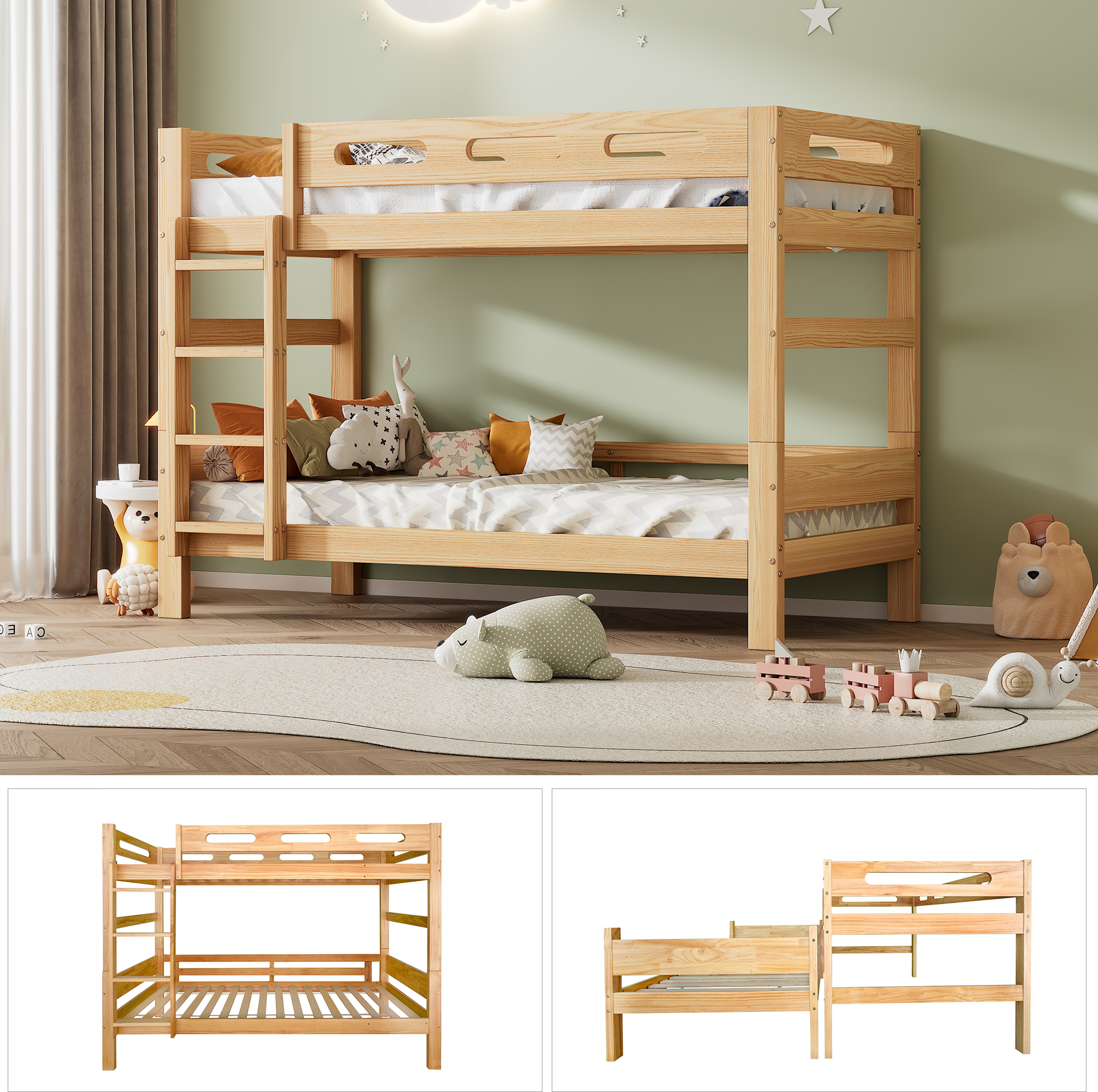 Etagenbett für Kinder und Jugendliche, Kinderbett, aufgeteilt in 2 Einzelbetten,stabiler Kiefernholzrahmen, unkomplizierte Montage, natural, 90x200cm,