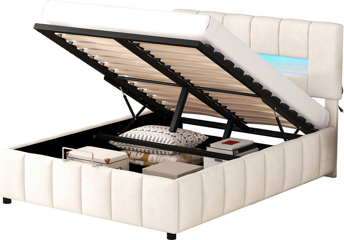 Doppelbett(180x200cm,Beige)Polsterbett,Familienbett,Plattformbett mit LED-Beleuchtung,Modernes Bettgestell mit Stauraum