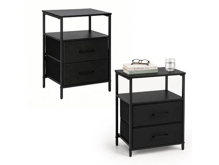 Relaxdays Nachttisch Schwarz 2er-Set 2 Schubladen, Holzwerkstoff, Metall, Textil, 38x61x28 cm, Schlafzimmer, Nachttische