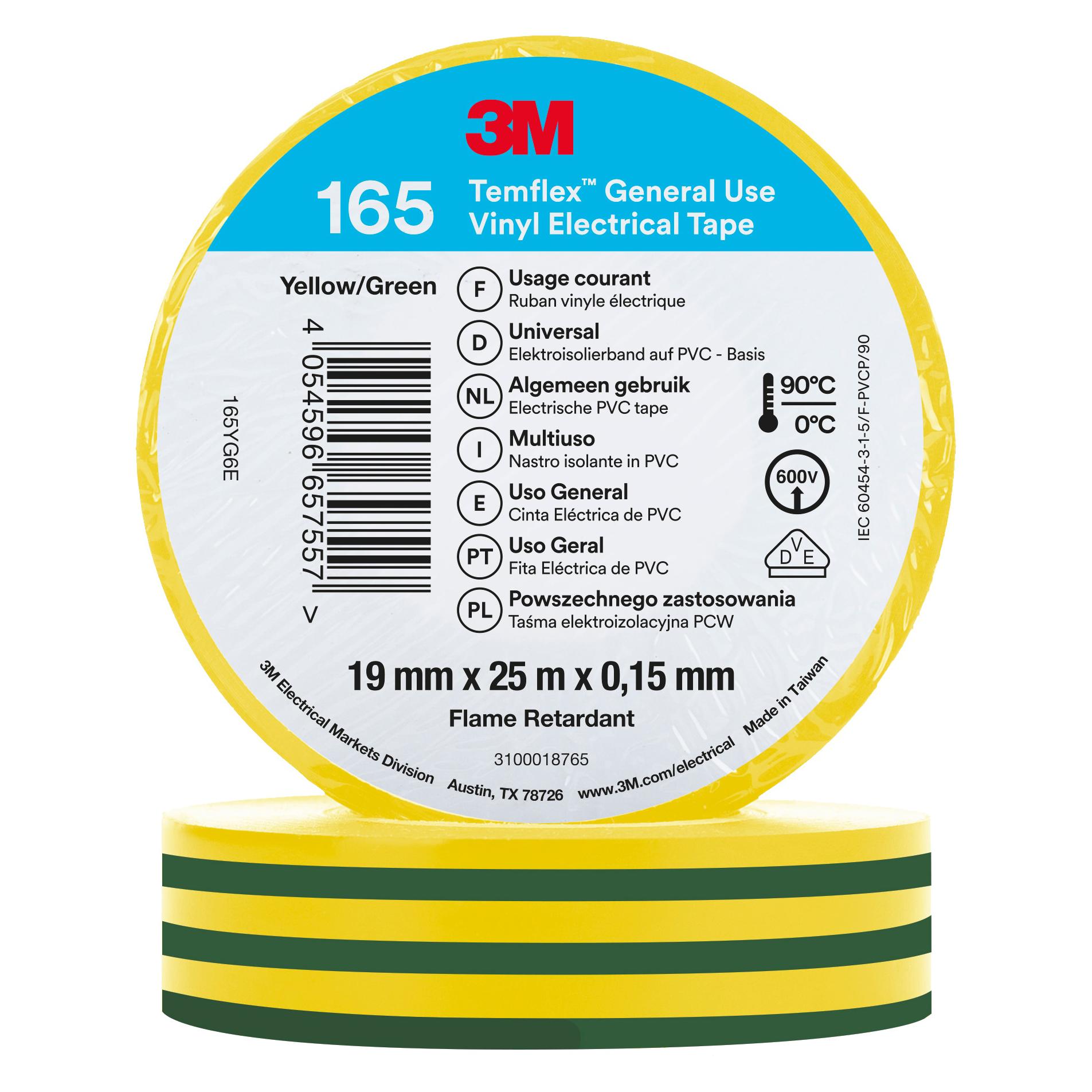 3M Temflex Vinyl-Isolierband 165, 19 mm x 25 m (19 mm) (165YG6E)