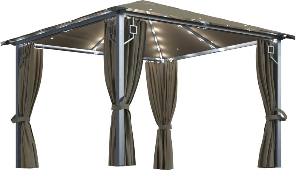 Pavillon mit Vorhängen & LED-Lichterkette 300x300 cm Taupe Alu