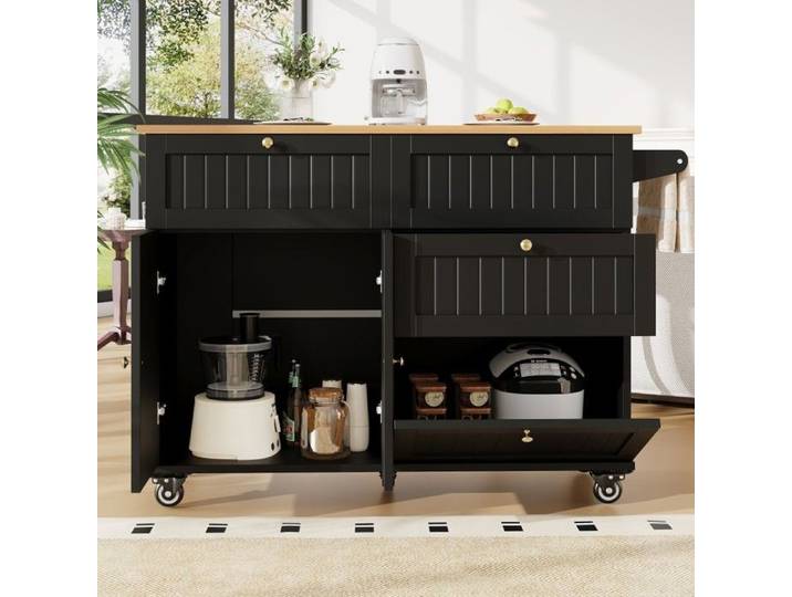 Îlot cuisine moderne buffet extensible noir - Table à manger multifonction rangement - Meuble grain de bois restaurant