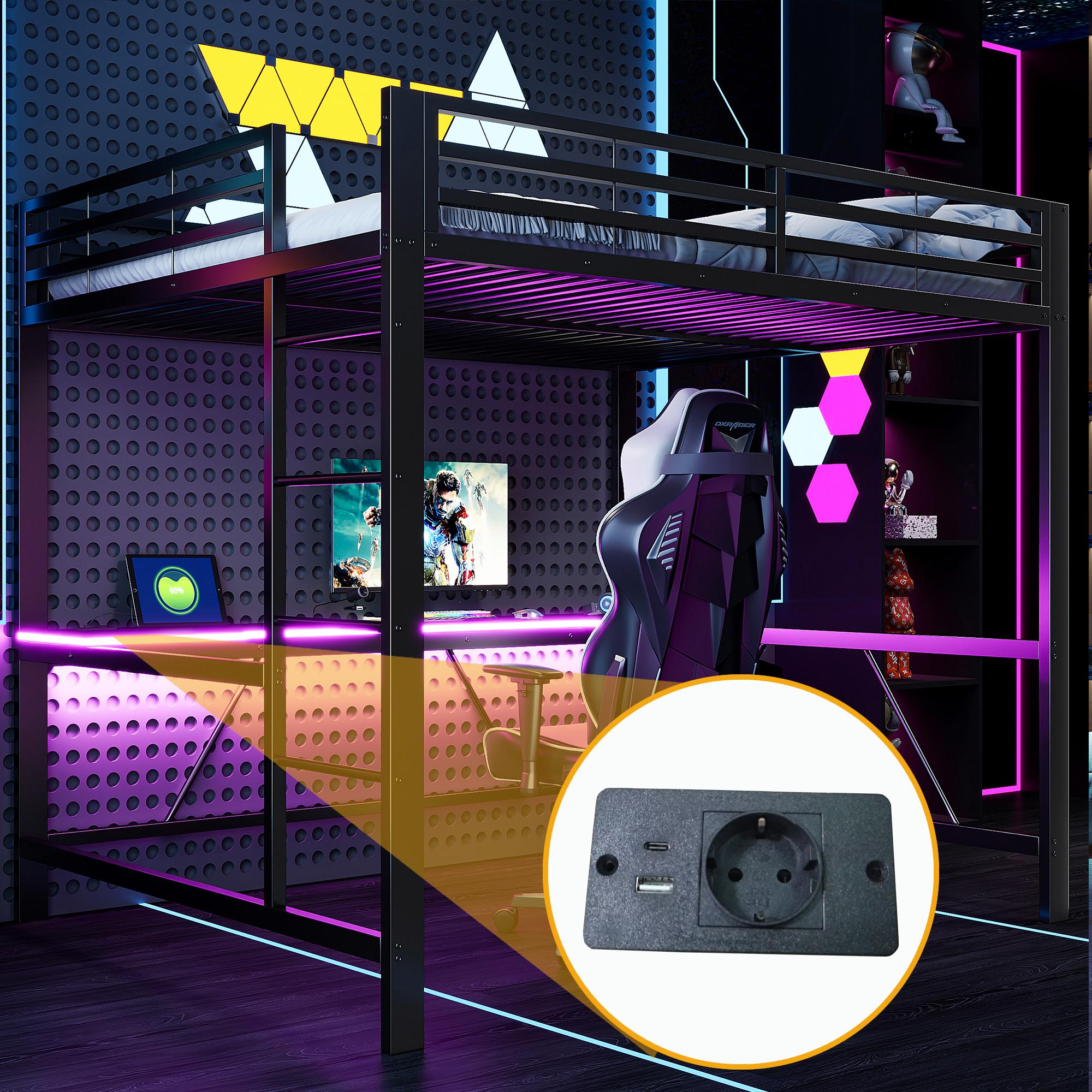 Merax Etagenbett 160x200 cm, Gaming-Metall-Hochbett mit LED-Beleuchtung, USB-Ladestation und Schreibtisch, Stockbett, Kinderbett, Jugendbett, Schwarz