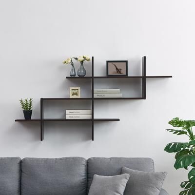 Danya B. 3-Tier Wall Mount Floating Ladder Shelf with Criss Cross Design- WalnUt