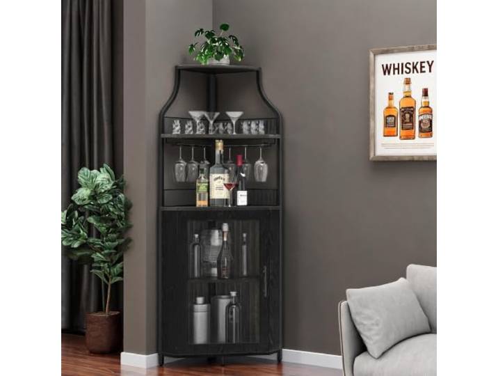 FairyLee Eck-Weinregal mit abnehmbarem Weinhalter Gläserablage Mesh-Tür Kleiner Barunterschrank