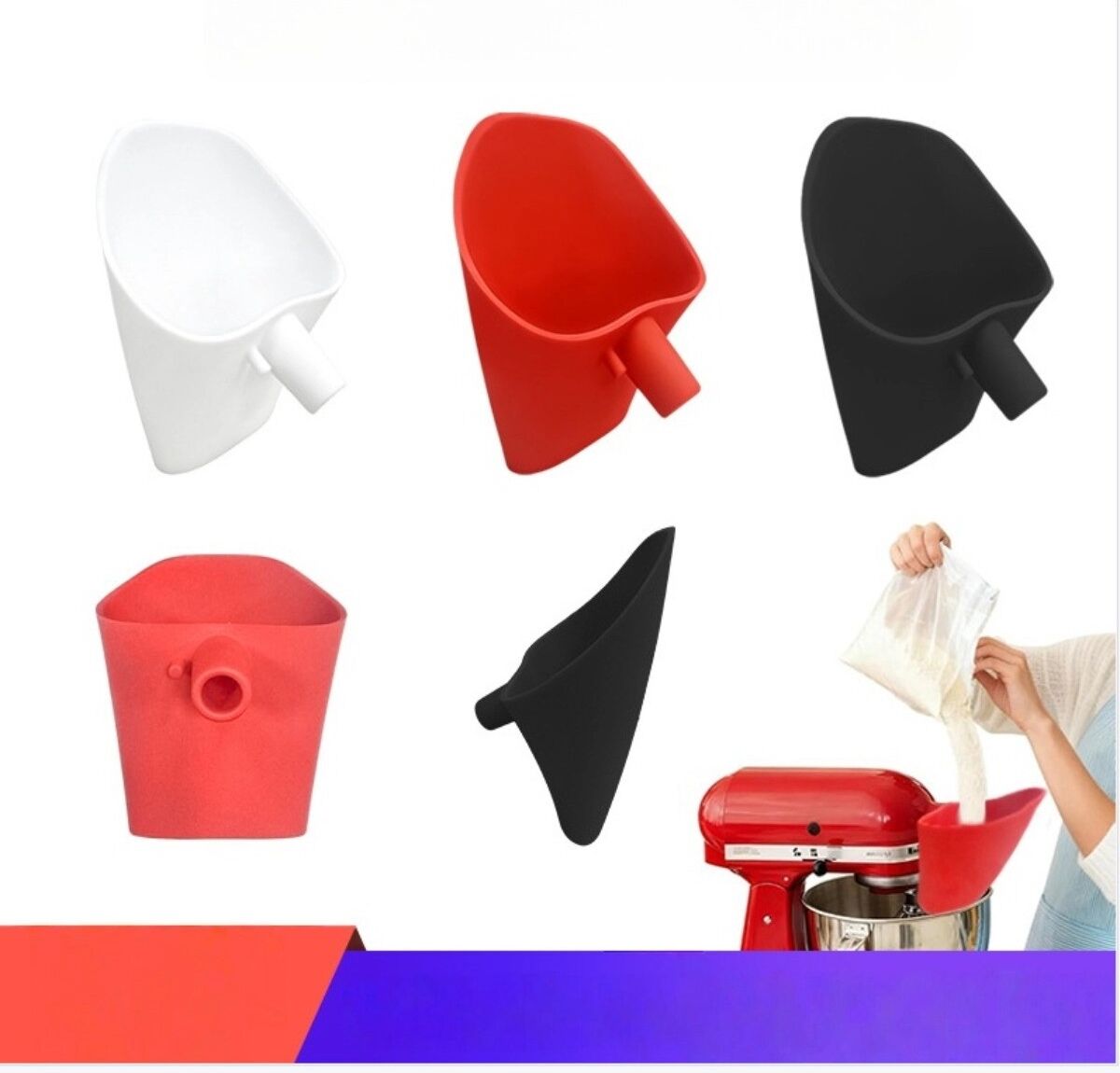 INF Silikon-Trichter für breite Öffnung, kompatibel mit Kitchen Aid Standmixer — Weiches Mehl-Einfüllsystem für sauberes, Weiß