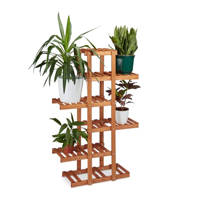 Relaxdays 2-delige plantenrek set van beits hout in rustiek bruin