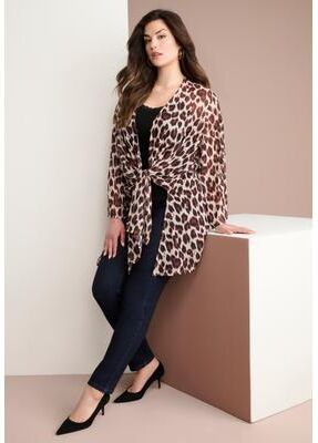 Plus Size Women's Plus Size Front-Knot Tie Kimono by Roaman's in Oatmeal Jaguar Print (Size 5X/6X)