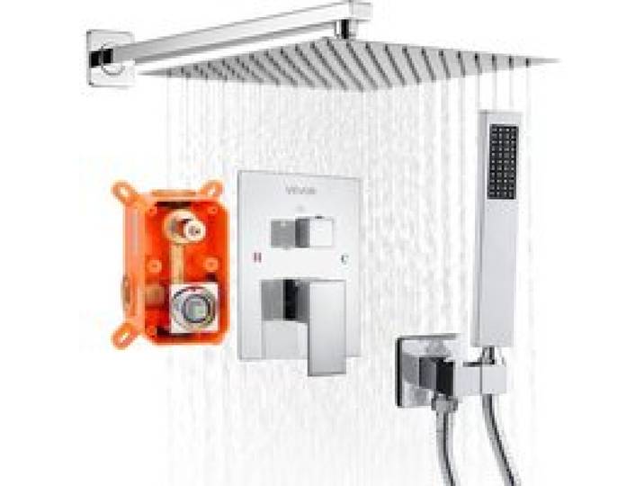 VEVOR Duscharmatur Regenduschsystem fürs Badezimmer Duschsystem mit 305 mm quadratischen Regenduschkopf & Handbrause, wandmontierte Badezimmerarmaturen mit Messingventil & Zierset, Silberchrom