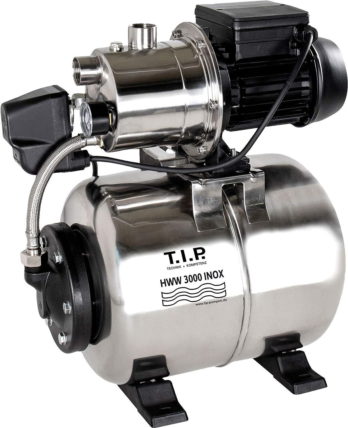 T.I.P. HWW 3000 INOX  Station de pompage domestique - acier inoxydable 31143 2.950 l/h, 42 m de hauteur de refoulement, 550 W, réservoir de pression de 18 l, compacte