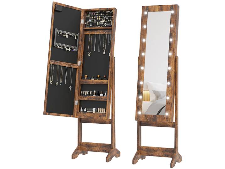 Armoire À Bijoux - Homcom - Meuble Rangement Sur Pieds Miroir Éclairage Led - Bois - Brun Rustique