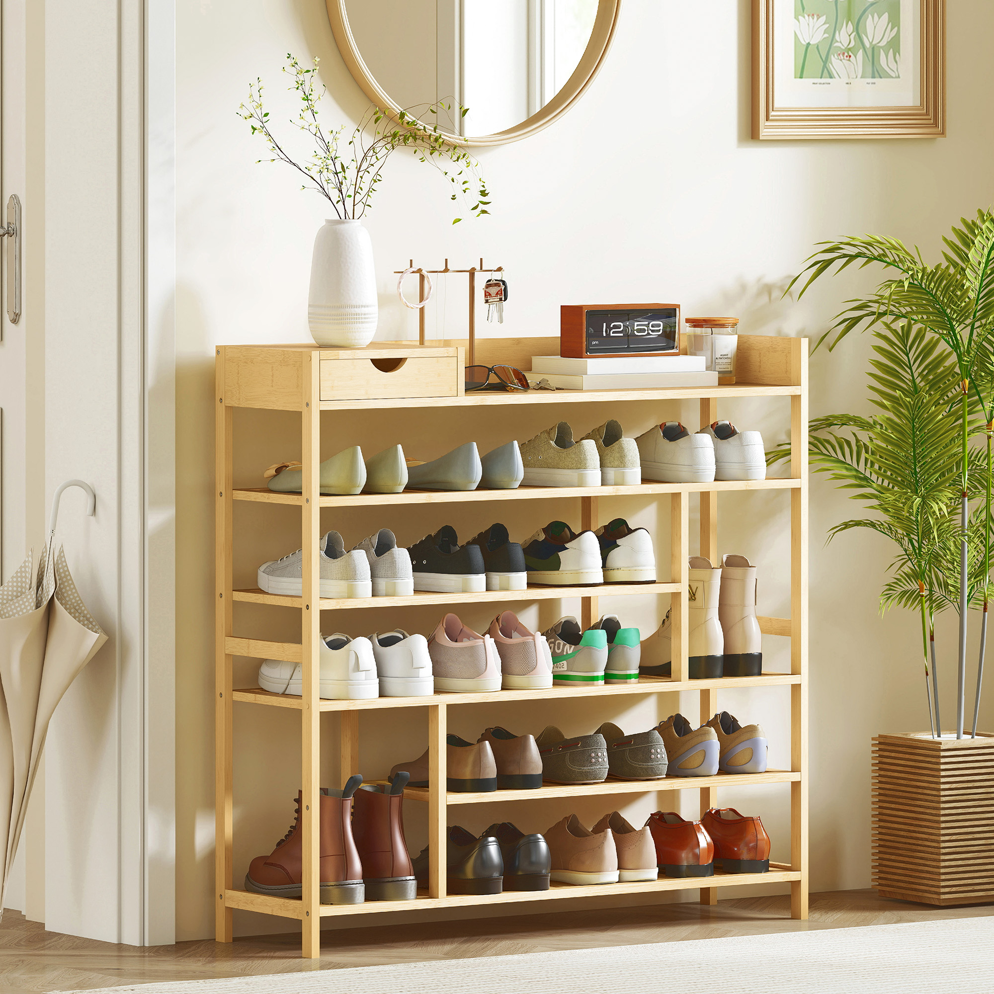 Homcom Scaffale per Scarpe, Scarpiera con 6 Livelli, Cassettiera in Bambù, per un massimo di 18 Paia di Scarpe, Scaffale per Scarpe per Ingresso, Camera da Letto, 101 x 30 x 100 cm, Naturale   Aosom Italy
