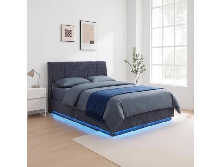 [en.casa] Polsterbett 140x200 cm Tröstiar Leinen Blau Doppelbett mit LED-Beleuchtung, Bettgestell 140x200, Stauraum, Gepolstertes Kopfteil, Bettkasten, aufklappbarer Lattenrost