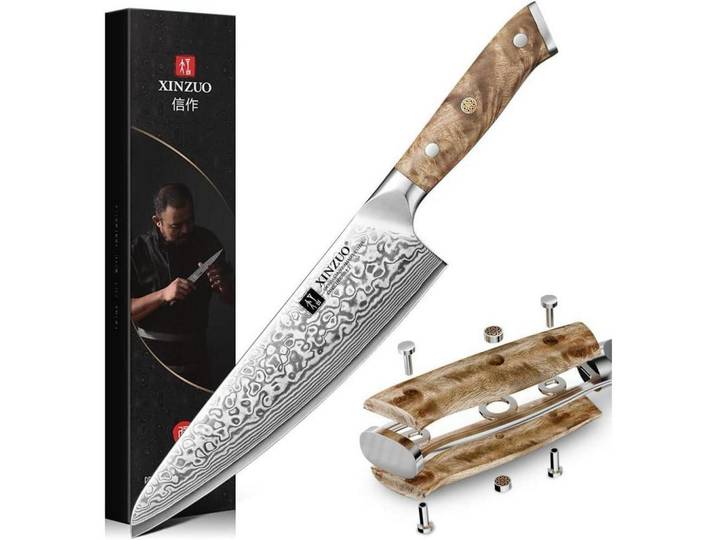 Kochmesser 21 cm Damaststahl mit Bergahornholzgriff, Mehrfarbig, Metall, 34 cm, Kochgeschirr, Küchenmesser, Schälmesser & Gemüsemesser