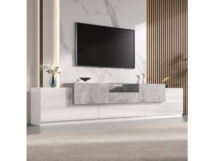 ELVORIN Meuble TV 200 cm blanc brillant et aspect ciment 2 colis