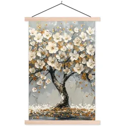 POSTER MIT MAGNETLEISTEN Baum - Blumen - Weiß - Natur - Kunst Wandbild Schlafzimmer 60x90 cm