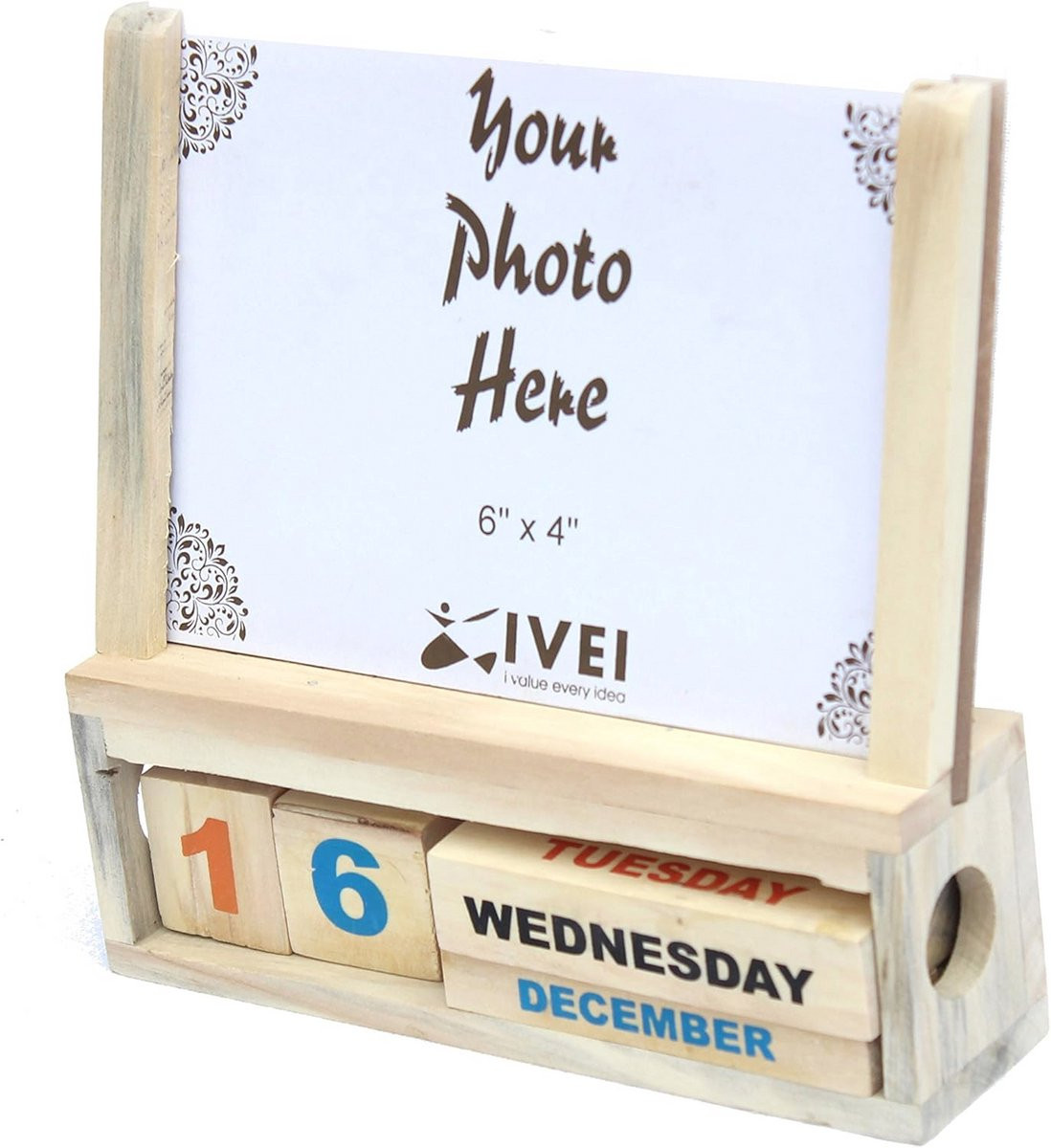 Houten kalender met fotolijst en bureau-organizer, handgemaakt