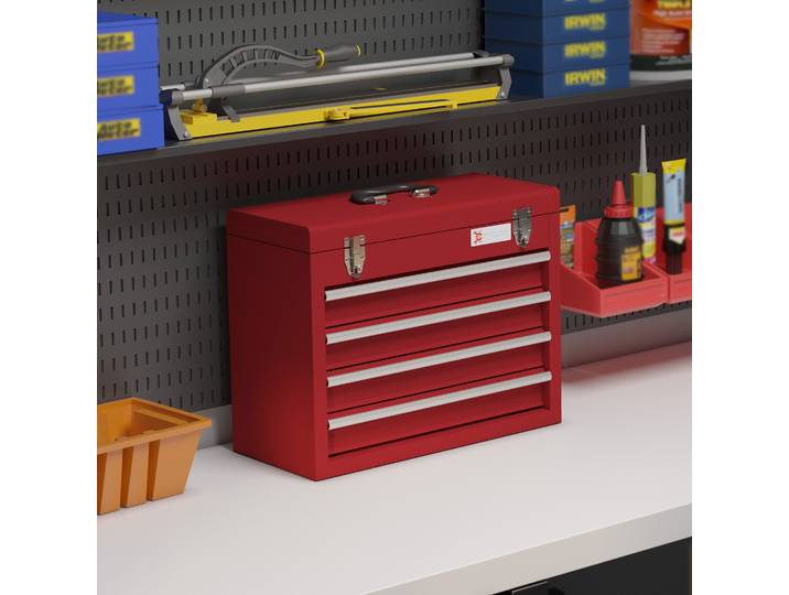 DURHAND Boite à outils métallique coffret à outils caisse à outils 4 tiroirs + plateau tôle acier 51 x 22 x 39,5 cm rouge